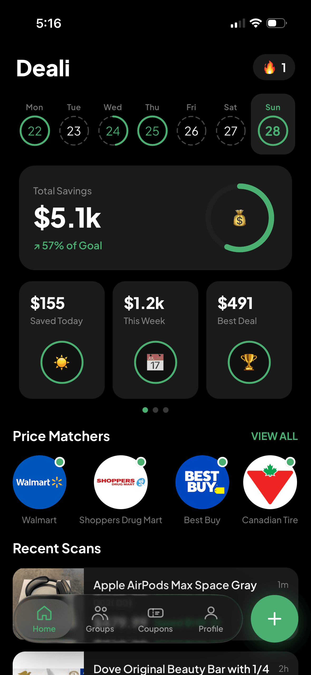 Deali dark mode home screen