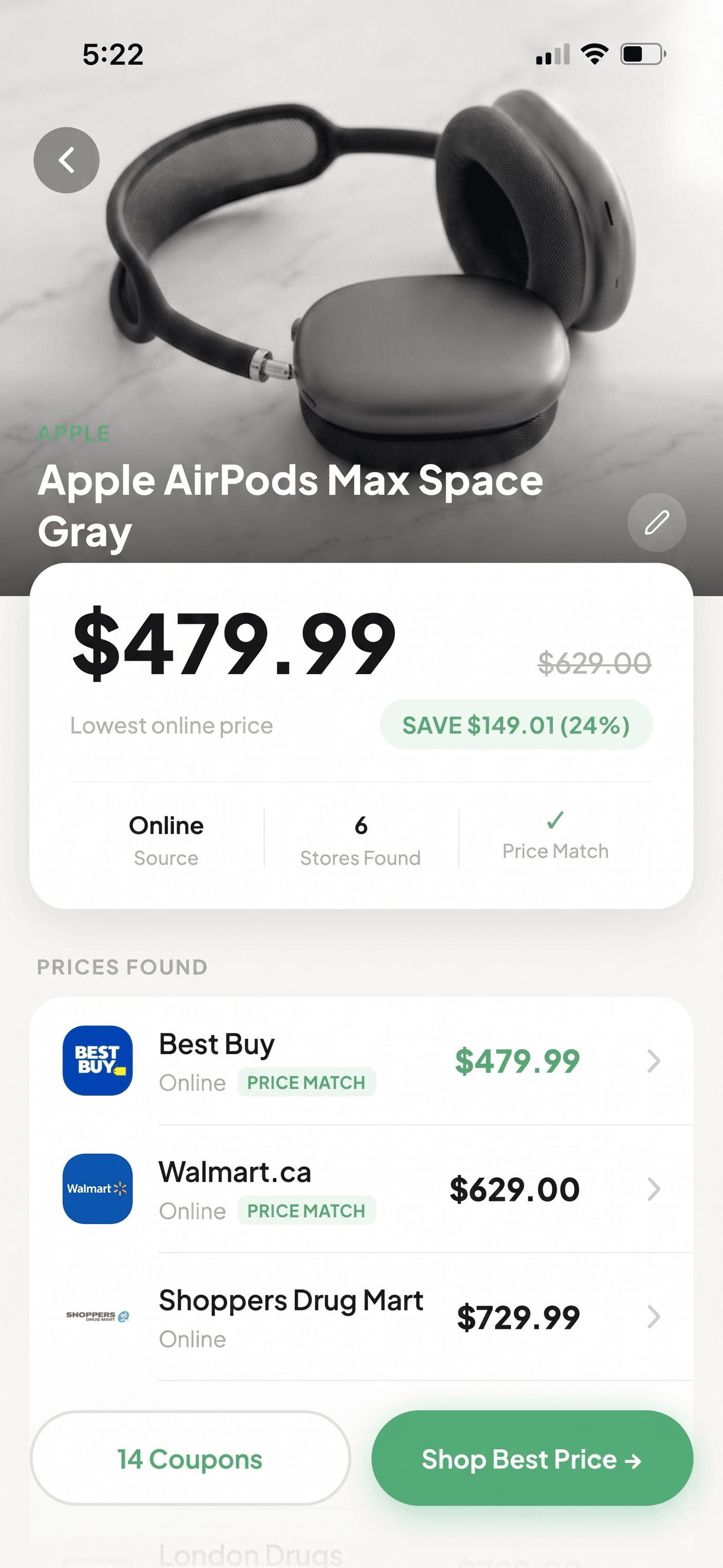 Deali showing the best price found across stores